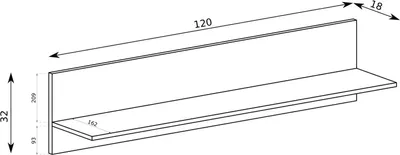 A line drawing of a wall shelf with dimensions indicated.