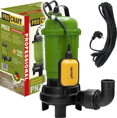 A green submersible water pump with a yellow float switch and a black power cord, shown next to its packaging.