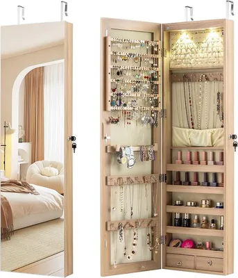 Produktbild von Schmuckschrank mit LED, Spiegelschrank hängend mit Schlüsseln, Schmuckregal mit Spiegel für Ringe, Ohrringe, Halsketten, Armbänder, 120x35,5x10cm (Beige)