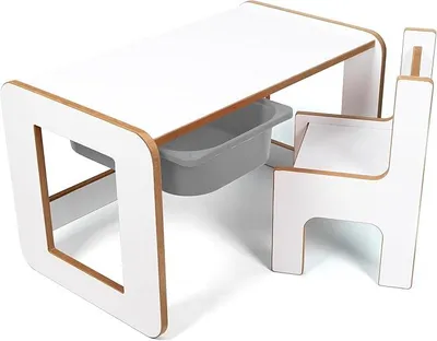 Produktbild von Kindertisch mit grauer Schublade - Spieltisch - Zeichentisch - Kinderschreibtisch mit Stuhl - Aktivitätstisch - Holz - Weiß