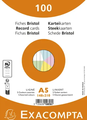 Produktbild von Exacompta 10x Karteikarten A5 100 Stück, liniert, nicht gelocht sortiert 10858E