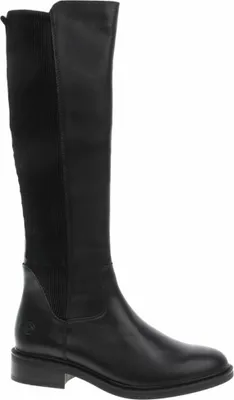A black leather boot with a ribbed fabric panel on the back.
