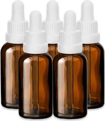 Produktbild von 5x Glasflasche Braun 30 ml mit weißer Glaspipette leere Tropfflasche