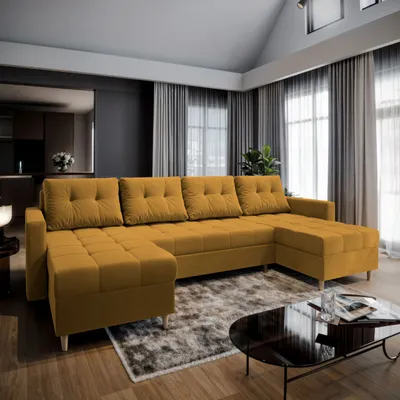Produktbild von Masseno Ecksofa MILO U mit Schlaffunktion U-Form, Sofa mit Bettkasten, Wohnzimmersofa, Couch, Soffa, Bettsofa, Couchgarnitur- Gelb, KRONOS 01