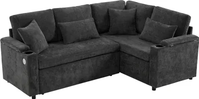Produktbild von Merax Ecksofa, L-Form Couch mit Schlaffunktion, Bettkasten, 4 Kissen, Armlehnenablage, Getränkehalter, USB, Bettsofa, Schlafsofa, Chenille, Dunkelgrau