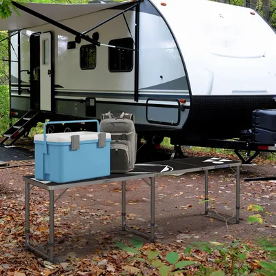 Produktbild von SUGIFT Klapptisch Outdoor, Campingtisch klappbar höhenverstellbar, Aluminiumrahmen MDF-Platte, Schwarz | bis 20 kg | 3 Höhen: 54/62/70 cm | 240 x 60 cm