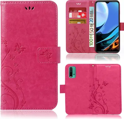 A collage of images showing a pink flip phone case with a floral pattern, featuring card slots and a stand function.