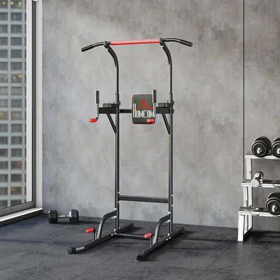 Produktbild von Klimmzugturm höhenverstellbar, Power Tower Dip Station, Kraftstation, Stahl, Schwarz+Rot | bis 120 kg | 7 Höhen | 123x98x239 cm