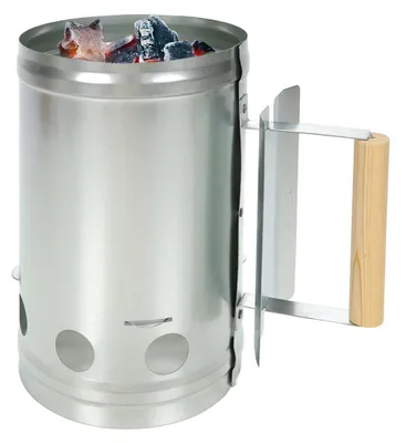 Produktbild von Kohleanzünder, Anzündkamin für Kohle oder Briketts für Grill oder Feuerkorb etc. aus verzinktem Stahlblech mit Hitzeschutz sowie hitzebeständigem Holzgriff