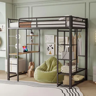 Produktbild von Merax Hochbett 90x200 mit Schreibtisch & Kleiderschrank, Kinderbett Metallbett für Kinder und Jugendliche, Etagenbett mit Stauraum und Ablage, Schwarz