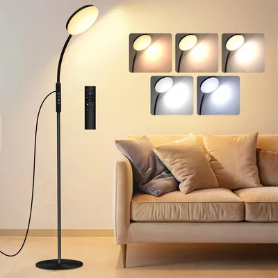 A black LED floor lamp is shown in a living room setting next to a beige sofa. Several small inset images on the wall demonstrate different light color temperatures.