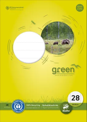 Produktbild von Staufen Green Schulblock, DIN A4, Lineatur 28, 50 Blatt, 70g/qm, 5 mm, kariert, mit Rand links, 4-fach Lochung