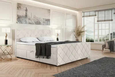 Produktbild von MEBLINI Boxspringbett mit Bettkasten - Gepolstert Doppelbett mit Matratze und Topper - Polsterbett mit Stauraum - Bett mit Kopfteil - Stauraumbett - HENRY - 180x200 - H3B/Beige Samt