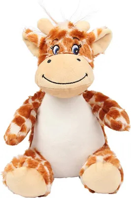 A studio shot of a plush giraffe toy.