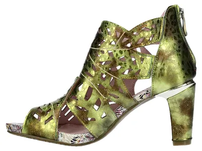 Image de Sandales pour femme Laura Vita en cuir, tige à motif floral, bout ouvert et découpes, modèle Albane 048, pointure : 38 EU, couleur : doré