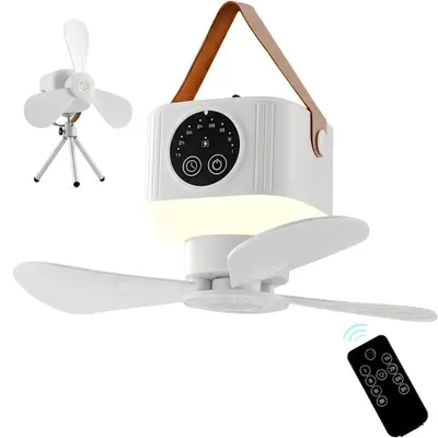Obrázok produktu pre Prenosný ventilátor do stanu – campingový ventilátor – s dobíjacou batériou 7200 mAh – bezdrôtový s diaľkovým ovládaním – s LED osvetlením – biely