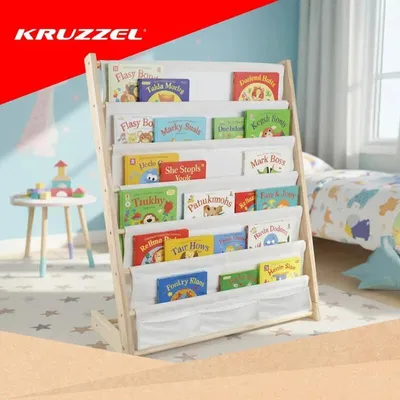 Produktbild von Kruzzel 25809 Kinderbuchregal mit 6 Stoffablagen, Maße: 79 x 62,5 x 30 cm