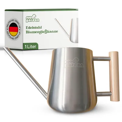 Produktbild von NICEGARDEN Edelstahl Blumengießkanne 1L | Design Gießkanne für Zimmerpflanzen mit Holzgriff | extra stabil & stilvoll | perfekt als Geschenk