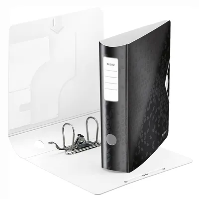 An open binder with a black patterned cover is shown on a white background.