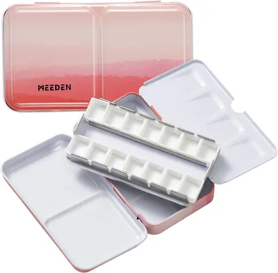 Imagen del producto de Caja de acuarelas, vacía, con 14 compartimentos pequeños, de metal, color rojo, para artistas y estudiantes