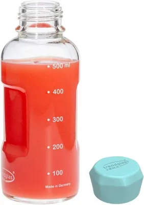 Image de Bouteille en verre borosilicaté Famanu avec graduation, bouchon bleu, 500 ml