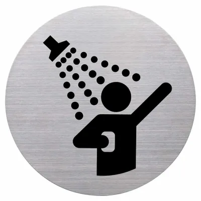 Produktbild von Hinweisschild „Dusche“ aus gebürstenem Edelstahl, Ø 115 mm, selbstklebend