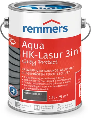 Produktbild von Remmers Aqua HK-Lasur 3in1 Grey Protect anthrazitgrau (FT-20928) 2,5 l, Holzlasur