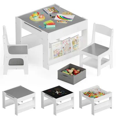 Immagine prodotto di Set di sedute per bambini Clevich, in legno, con spazio contenitivo, composto da un tavolino e 2 sedie, colore grigio