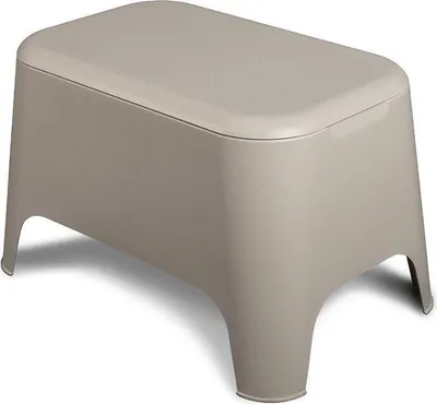 A neutral studio shot of a gray plastic storage box with a lid, resting on four legs.