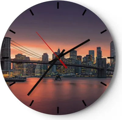 Produktbild von Wanduhr - Rund - Glasuhr - New York Brücke Nacht - 40x40cm - Schleichendes Uhrwerk - Lautlos - zum Aufhängen bereit - Dekoration Modern - Wanddekoration aus Glas - C3AR40x40-4048