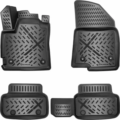 A collage of four black car floor mats, arranged in a grid.