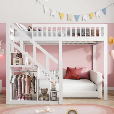 Image de CDGlobal Lit superposé 90x200cm avec sommier à lattes, lit d'enfant avec escalier et protection contre les chutes, lit surélevé avec échelle et étagère, lit superposé en bois massif, blanc