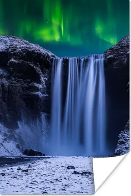 Produktbild von MuchoWow® Poster Nordlichter - Wasserfall - Schnee - Island 120x180 cm - Kunstposter