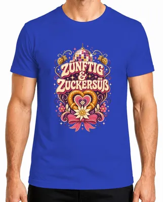 Zdjęcie produktu dla Koszulka "Zünftig & Zuckersüß Volksfest Wiesn Trachtenshirt Lederhose Herz" dla mężczyzn, kolor niebieski, rozmiar XXL