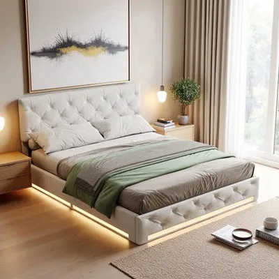 Zdjęcie produktu dla Łóżko z pojemnikiem i oświetleniem LED - 160x200 cm - obite tkaniną lnianą - z hydraulicznym podnośnikiem i pojemnikiem