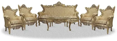 Produktbild von Casa Padrino Barock Sofa Set 3er Sofa 4 Sessel und Tisch mit Glasplatte - Vintage Gold / Gold mit Muster