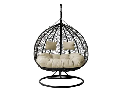 A black hanging egg chair with beige cushions, presented on a white background.