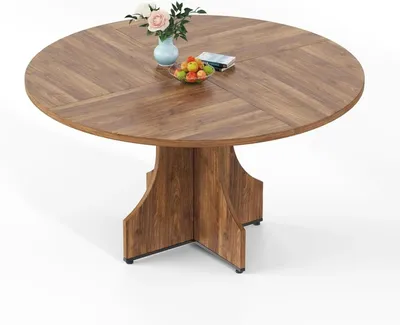 Image de Table ronde de salle à manger, diamètre 120 cm - Table de cuisine - Pour 4 à 6 personnes - Plateau en bois de 2,5 cm d'épaisseur - Structure en forme de "X" stable - Pieds réglables - Marron
