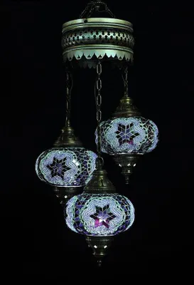 Image de Lampe suspendue turque - Lampe orientale - Violet - 3 boules en verre - Motif mosaïque fait main