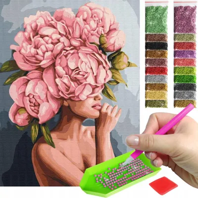 Produktbild von ARTULIO - Diamond Painting Set - Frau mit rosa Blumen - 40 x 30 cm - Bilder DIY, Home Wand Deko, Mosaik Komplettset + Zubehör, 5D Diamant Painting