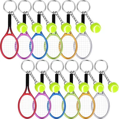 Produktbild von 12 Stück Mini-Tennisschläger mit Ball-Schlüsselanhänger, Harz, Tennisschläger-Schlüsselring für Sportliebhaber