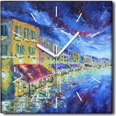 Produktbild von Coloray Uhr auf Leinwand 30x30 cm Wand Uhr Dekoration Wohnzimmer Segeltuch weiße Zeiger -Landschaftsstadt Nacht