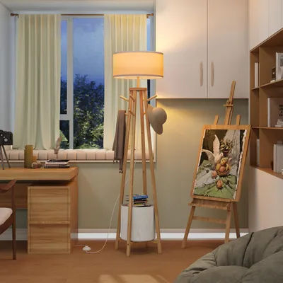 Produktbild von Puluomis Stehlampe mit Garderoben-Ständer 176cm, 8 Haken & Stauraum, Leinen Lampenschirm E27 Fassung, Fußschalter, Für Wohnzimmer beige