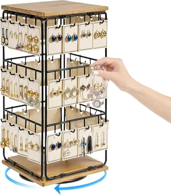 Produktbild von Schmuckständer 3 Ebenen, 48 Haken, drehbar, Holz und Metall, für Zuhause
