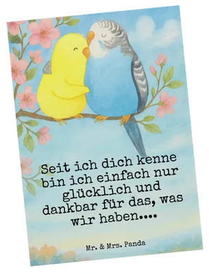 Produktbild von Mr. & Mrs. Panda Postkarte Wellensittich Liebe Design - Weiß - Geschenk, Freundin, Beziehung, Postkarten, Grußkarte, Ansichtskarte, Ansichtskarten, Fotokarte, glücklich