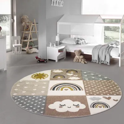 Produktbild von Kinderzimmer Teppich Spielteppich Regenbogen Herzchen Wolken beige grau braun Größe - 120 cm Rund