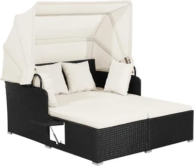 Produktbild von Sonneninsel Sonnenliege Set Rattan, Gartenliege 2 Personen mit faltbarem Sonnendach, Doppelliege Liegeinsel mit klappbaren Tablett & Kissen, Gartenlounge Gartenmuschel Daybed Outdoor (Beige)