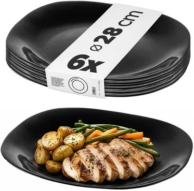 Produktbild von Unyqoos® Flache Essteller aus gehärtetem Glas – 25,5 x 2,5 cm, Schwarz, 6-teilig, spülmaschinen- und mikrowellengeeignet, modernes quadratisches Design