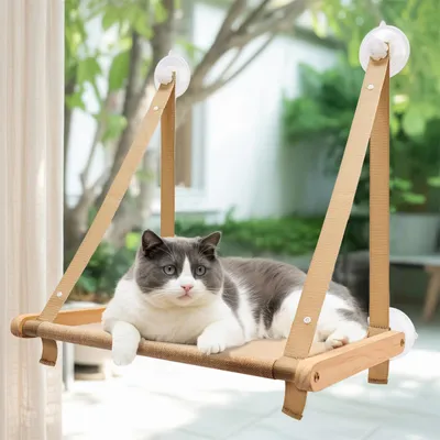 Produktbild von Katzenfenstersitzstange – Katzenhängemattenbett für Katzen im Innenbereich, Massivholzrahmen, faltbar, 4 Saugnäpfe, weiches Kissen, maschinenwaschbar