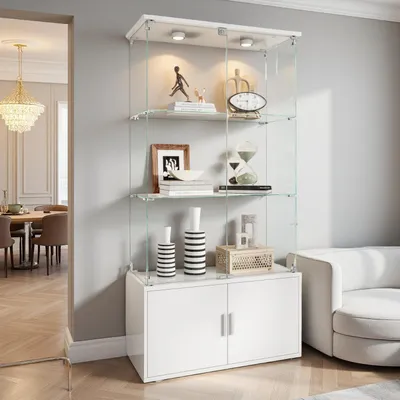Image de Vitrine réfrigérée avec éclairage LED, 3 niveaux, portes verrouillables, en bois et en verre, de couleur blanche